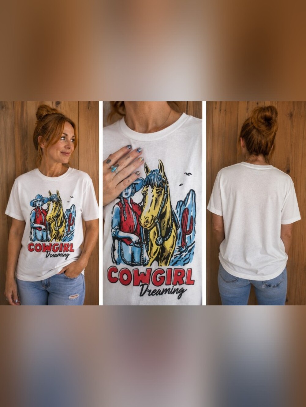 Crazy Dog T-Shirts White Cowgirl Graphic Tee with Red, Yellow & Blue Artwork